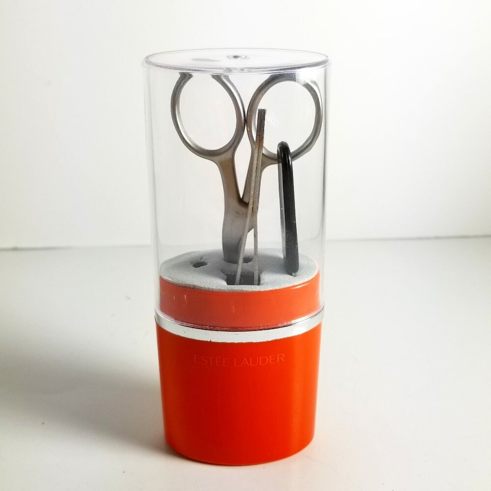 ✅New Estee Lauder Orange & Clear Plastic Case for Manicure Tools Storage